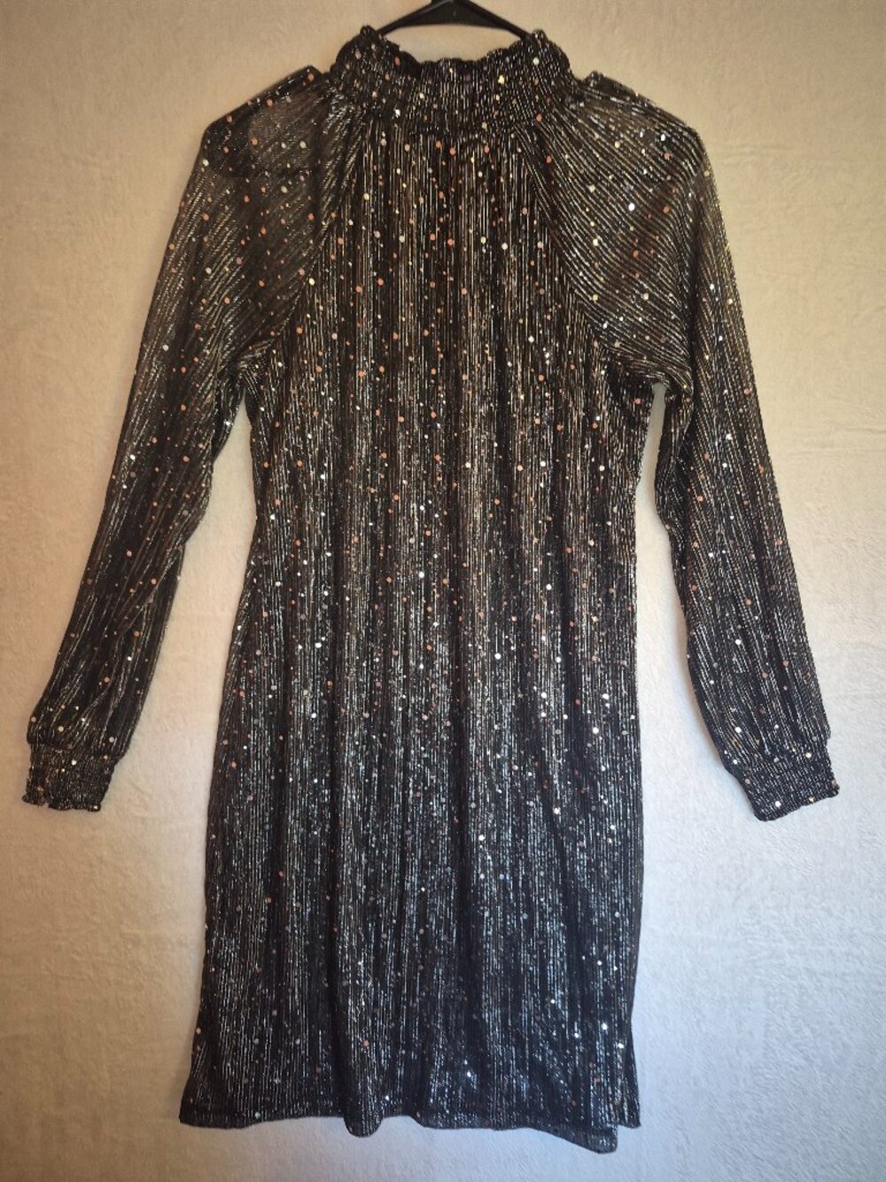 Nina Leonard Black Silver Sparkle Mock Neck Dress M Retro Disco Modern Showgirl